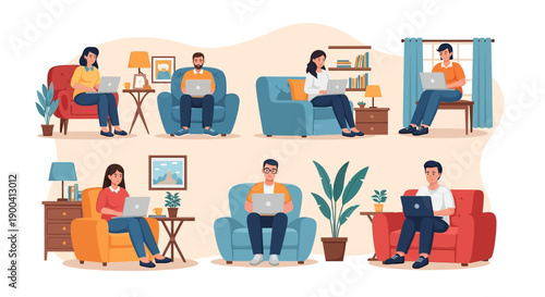 Diverse group of people working remotely from home sitting in comfortable chairs with laptops.
