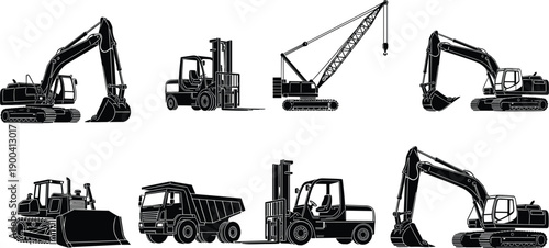 Heavy Construction Machinery Vector Silhouettes Set Featuring Excavators Crane Forklift Bulldozer and Dump Truck Icons for Industrial Building Site Design