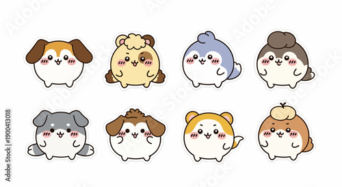 Collection of eight adorable, round, cartoon-style animals with cute faces and simple designs, including dogs, bears, and birds, on a clean white background.