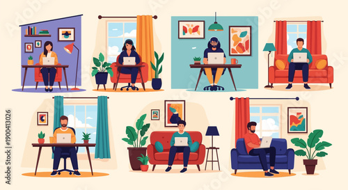Diverse people working remotely from home using laptops in various domestic settings.