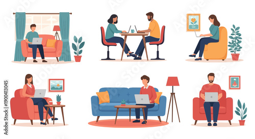 Vector set of diverse people working remotely from home using laptops
