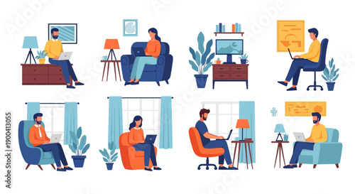 Vector set of diverse professionals working remotely on laptops in home environments.