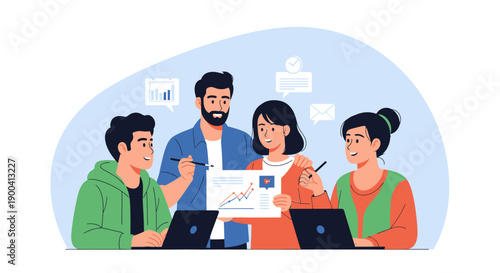 Business team analyzing data and planning strategy in a collaborative meeting.