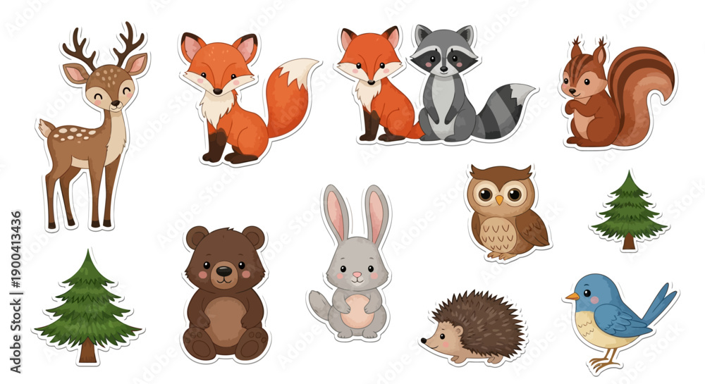 Obraz premium Cute cartoon forest animals and pine trees set on a white background, featuring deer, foxes, raccoon, squirrel, owl, bear, rabbit, hedgehog, and bird.