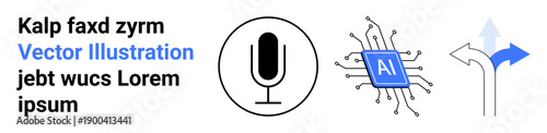 Artificial intelligence, decision making, sound recording, audio communication, digital tech, directions. Microphone, AI chip and arrows illustrate concepts. AI technology and decision-making icon