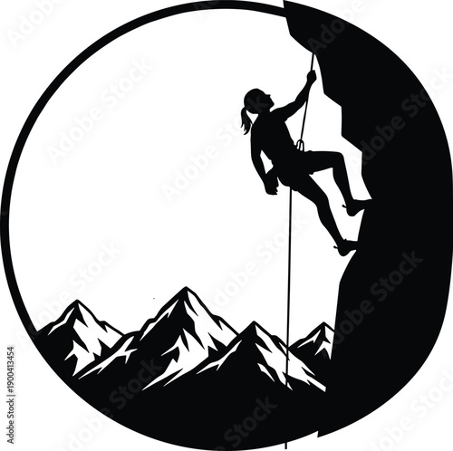 Black silhouette of a female rock climber rappelling down a steep mountain cliff during an outdoor adventure in the high peaks
