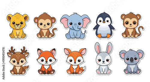 A collection of ten cute cartoon baby animals including a lion, monkey, elephant, penguin, deer, fox, rabbit, and koala, isolated on white.