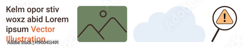 Web design, technology, error analysis, data security, cloud computing, content creation. Minimalist icons of a cloud, image placeholder and warning sign under magnifying glass. Technology and error