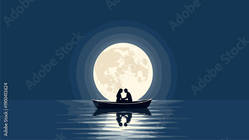 Romantic couple silhouette in a boat on calm water under a large full moon with beautiful reflection at night