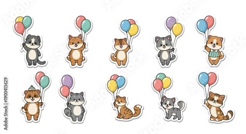A collection of ten adorable cartoon kittens and cats, each holding colorful balloons, depicted in a cute and playful sticker-like illustration style.