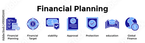 Financial Planning Icon Set. Containing Financial Planning, Financial Target, Stability, Approval, Protection, Education, Global Finance