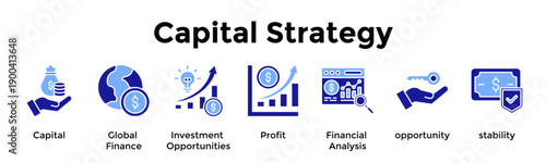Capital Strategy Icon Set. Containing Capital, Global Finance, Investment Opportunities, Profit, Financial Analysis, Opportunity, Stability