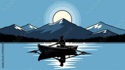 Serene mountain lake landscape with person rowing a boat at sunrise or sunset. Tranquil nature adventure illustration.