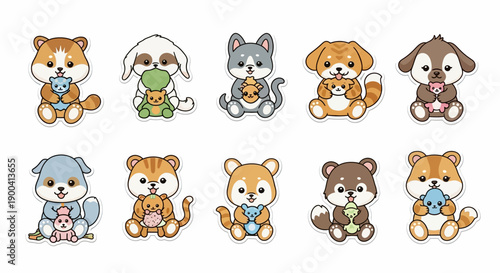 Cute cartoon baby animals in a kawaii style, including dogs, cats, and bears, each holding a smaller version of an animal or object.