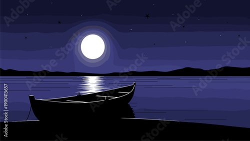 Serene Moonlit Night Landscape with Silhouetted Boats and Bright Moon Reflection on Water