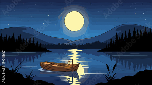 Tranquil Moonlit Lake Scene with Wooden Rowboat and Lantern. Night Forest Landscape Illustration.