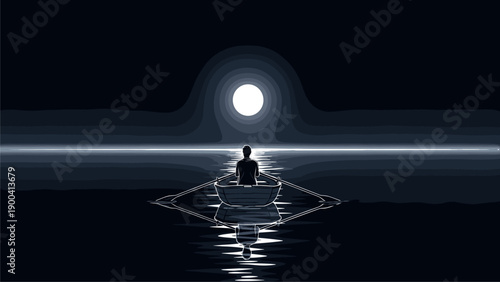 Moonlit solitude: Lone rower on dark, tranquil water under a luminous full moon. Minimalist night journey illustration.