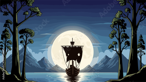 Mystical Night Voyage: Sailboat under Giant Full Moon on Water, Framed by Trees & Mountains - Pixel Art Fantasy