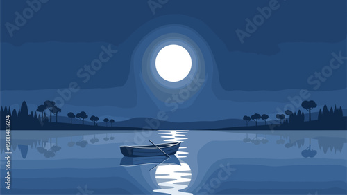 Serene Moonlit Lake with Rowboat at Night. Calm Water Reflection, Tranquil Landscape Illustration.