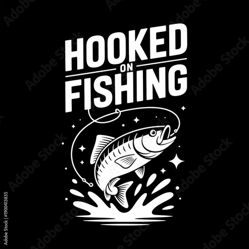 Hooked fishing logo vector featuring jumping fish illustration in bold vintage style, perfect for fishing club, outdoor adventure brand, apparel, and merchandise design.