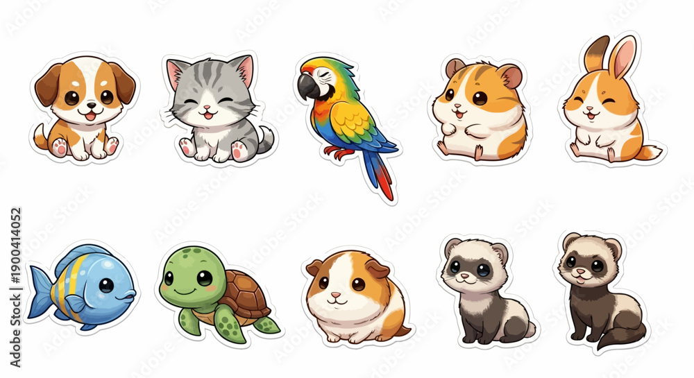 Obraz premium Adorable collection of ten cartoon pet animals including a puppy, kitten, parrot, hamster, bunny, fish, turtle, guinea pig, and two ferrets.