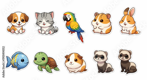Adorable collection of ten cartoon pet animals including a puppy, kitten, parrot, hamster, bunny, fish, turtle, guinea pig, and two ferrets.