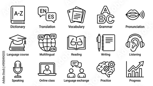 Minimalist set of 15 language learning line icons featuring dictionary, translation, vocabulary, grammar, pronunciation, course, multilingual, reading, writing, listening, speaking, and progress.