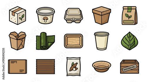 Collection of eco-friendly biodegradable packaging icons featuring sustainable containers, boxes, bags, and cups made from organic materials like mushroom, seaweed, and wood. Bold outline style.