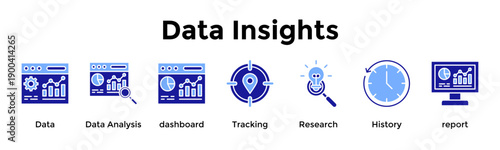 Data Insights Icon Set. Containing Data, Data Analysis, Dashboard, Tracking, Research, History, Report