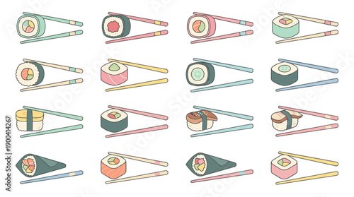 Flat Design Vector Icon Set of Various Sushi Rolls, Nigiri, and Temaki with Chopsticks in a Pastel Color Palette, Isolated on White Background for Japanese Cuisine Menus, Apps, and Web Graphics.