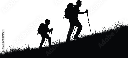 Black silhouette of father and son hiking up a mountain trail with backpacks and trekking poles in meadow grass landscape.