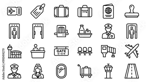 Vector line icon set of 24 unique airport and air travel symbols including boarding pass, luggage, passport, security check, pilot, flight attendant, airplane, runway, and terminal gate signs.