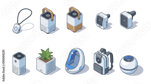 Isometric Icon Set of Modern Personal Air Purifiers and Portable Air Filtration Gadgets for Home, Office, Car, and Travel, Featuring Wearable Necklaces, Desktop Units, and Smart Tech Designs.