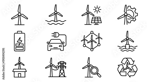 Vector Icon Set of Wind Turbine and Clean Power Solutions in Minimalist Line Art Style, Featuring Solar Panels, Electric Vehicles, Batteries, Offshore Wind Farms, and Green Energy Technology.