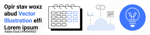 Productivity tools, cloud storage, innovation, digital organization, creativity, data management. Calendar, cloud graphic and light bulb icon. Productivity and cloud storage concepts