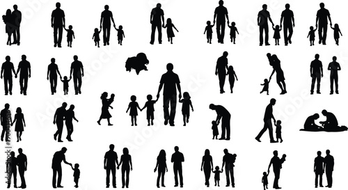 Set of black family silhouettes including parents with children, couples holding hands, father and mother walking with kids, and toddlers playing.