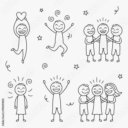 Funny stick figures with positive emotions with different expressions and poses.