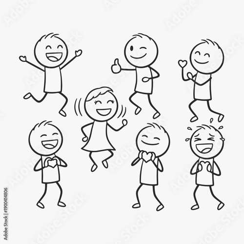 Funny stick figures with positive emotions with different expressions and poses.