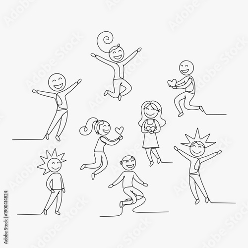 Funny stick figures with positive emotions with different expressions and poses.