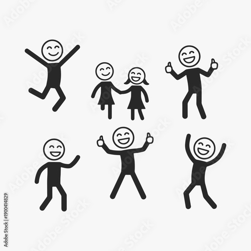 Funny stick figures with positive emotions with different expressions and poses.