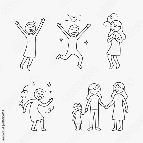 Funny stick figures with positive emotions with different expressions and poses.