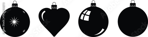 Set of four black Christmas bauble silhouettes including round and heart shaped ornaments with sparkling reflections isolated on white background for winter holiday vector design