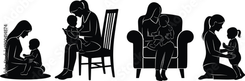 Set of black mother and baby silhouettes, maternal bonding moments, parent and child care, woman sitting with infant, isolated icons.