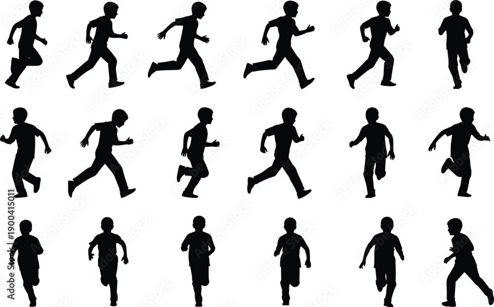 Fototapeta premium Set of black silhouettes of a young boy running and jumping, active child motion, childhood energy, isolated on white background.