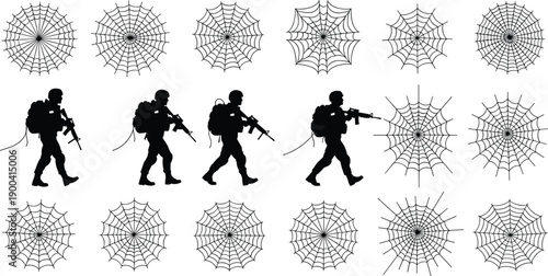 Set of various spider web illustrations and army soldier silhouettes with weapons isolated on white background for military themes and halloween decoration design.