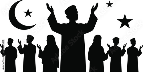 Silhouette of a Muslim Man Leading Takbir with Group of People, Islamic Prayer Raising Hands, Crescent Moon and Stars, Sacred Celebration of Eid Mubarak and Ramadan Night Vector
