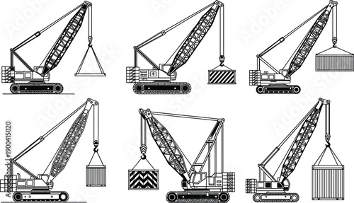 Set of vector crawler cranes illustrations lifting various cargo and containers in black and white line art style for heavy industrial construction projects