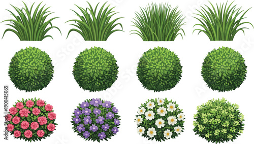 Set of vector green grass tufts round topiaries and colorful flowering bushes isolated on white background for landscape design architecture and game assets.