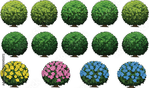 Set of vector round garden bushes including green foliage and colorful flowering shrubs isolated on white background for landscape design and game level maps.