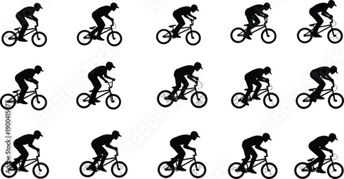 Set of black silhouettes of a young boy riding a BMX bicycle, active kid cycling, extreme sports motion, isolated icons.